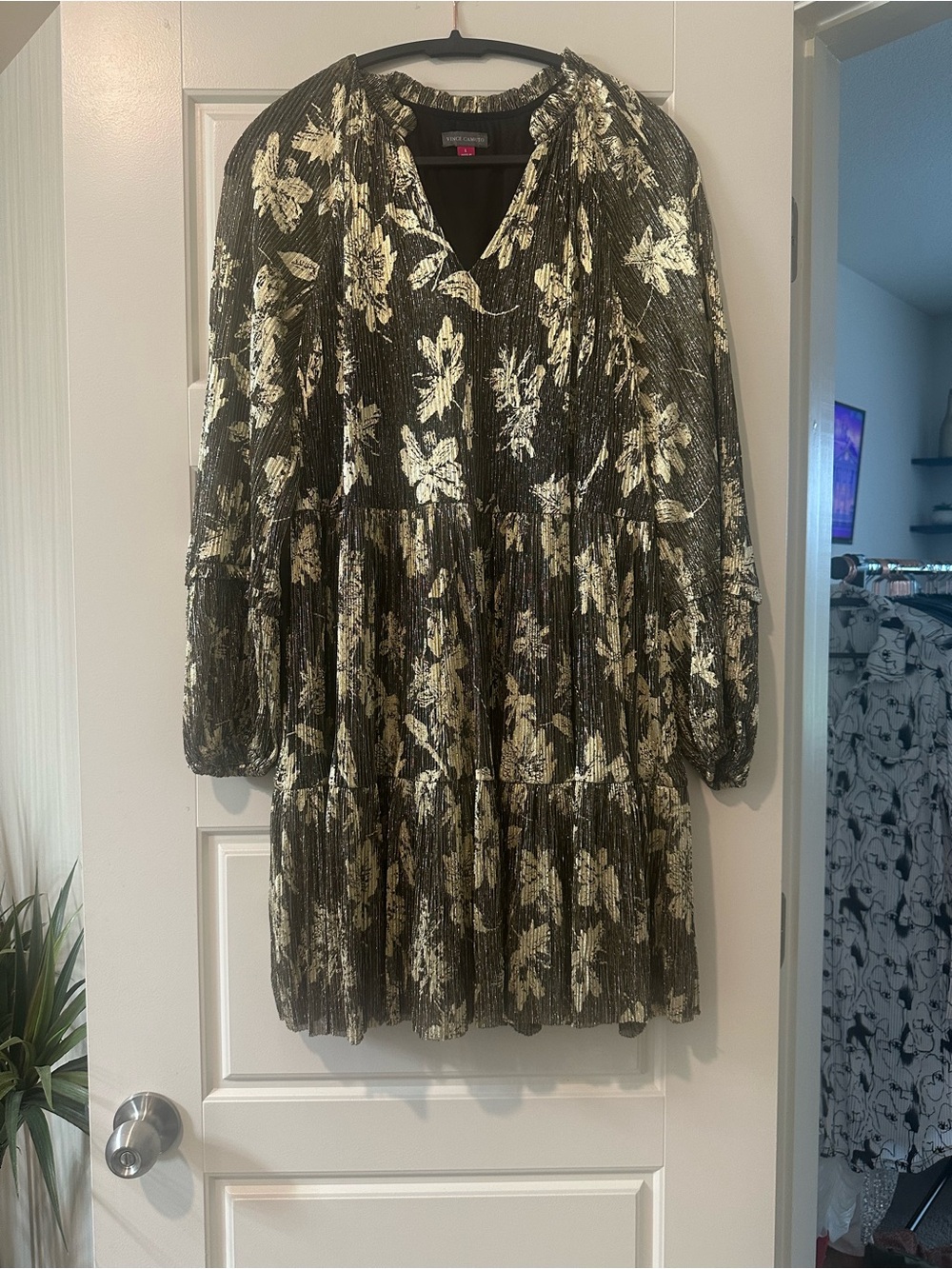 Vince Camuto Black Dress with Gold Floral Metallic Print
